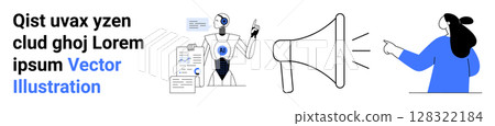 AI robot presenting data using charts, human pointing at a large loudspeaker. Ideal for AI advancements, digital communication, data analysis, tech presentations, teamwork, business strategy 128322184