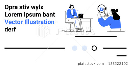 Office worker at desk with laptop, person holding device displaying connection symbol. Ideal for remote work, virtual meetings, business communication, technology, digital collaboration, modern 128322192