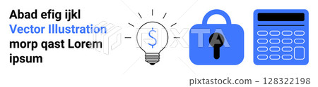 Dollar sign light bulb, lock, and calculator icons represent ideas, security, and calculation. Ideal for finance, banking, accounting, business strategy, cybersecurity, fintech innovations Banner 128322198