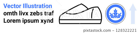 Simple line-art shoe, abstract badge with blue elements, upward arrow, and random placeholder text. Ideal for modern design, footwear themes, abstract art, vector graphics, minimalistic design 128322221