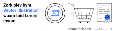 Buy button inside circle, shopping cart, document with blue seal. Ideal for e-commerce, digital marketing, online stores, product promotions, sales campaigns, customer trust, secure transactions Buy button inside circle, shopping cart, document with blue seal. Ideal for e-commerce, digital marketing, online stores, product promotions, sales campaigns, customer trust, secure transactions 128322223