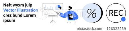 Person presenting financial data using charts and pie graphs. Includes a percentage symbol and REC icon. Ideal for business reports, financial analysis, presentations, infographics, educational Person presenting financial data using charts and pie graphs. Includes a percentage symbol and REC icon. Ideal for business reports, financial analysis, presentations, infographics, educational 128322239