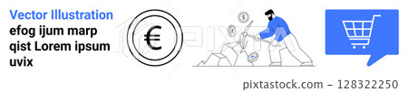 Euro currency symbol, man breaking rocks to reveal coins, blue shopping cart icon in a bubble. Ideal for e-commerce, financial growth, online shopping, business investing, currency exchange, economic Euro currency symbol, man breaking rocks to reveal coins, blue shopping cart icon in a bubble. Ideal for e-commerce, financial growth, online shopping, business investing, currency exchange, economic 128322250