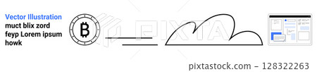Bitcoin symbol, cloud icon, and user interface elements connected by lines. Ideal for finance, cryptocurrency, blockchain, cloud computing, technology integration, digital wallets, online 128322263