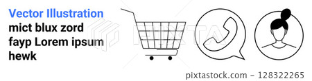 Shopping cart icon next to a phone call symbol and a female user avatar in speech bubbles. Ideal for e-commerce, customer service, user profiles, contact centers, shopping apps, website banners 128322265