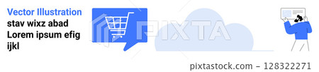 Shopping cart icon in speech bubble, cloud icon, person with analytics dashboard Ideal for e-commerce, cloud storage, data analysis, online shopping, digital marketing, tech support, SaaS Shopping cart icon in speech bubble, cloud icon, person with analytics dashboard Ideal for e-commerce, cloud storage, data analysis, online shopping, digital marketing, tech support, SaaS 128322271