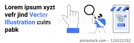Hand cursor, magnifying glass, man searching, and mobile shopping app with a blue buy button. Ideal for e-commerce, SEO services, digital marketing, online tutorials, app development, website design Hand cursor, magnifying glass, man searching, and mobile shopping app with a blue buy button. Ideal for e-commerce, SEO services, digital marketing, online tutorials, app development, website design 128322282