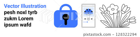 Blue lock icon representing digital security, mobile device screen with music app and blue flower, black and white sketch of flowers. Ideal for online security, technology, mobile apps, music 128322294