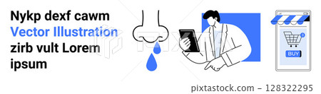 Male analyst with tablet device analyzing e-commerce trends, running nose icon, text elements. Ideal for e-commerce strategies, digital marketing, medical apps, tech support, online retail, health 128322295