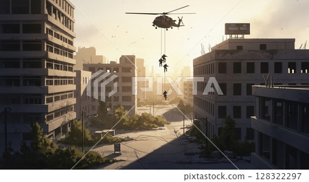 黃昏時分，特種部隊進入一座廢棄的城市 128322297