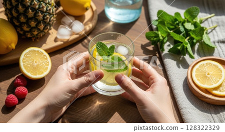 Detox Ritual with Lemon Water and Mint Detox Ritual with Lemon Water and Mint 128322329