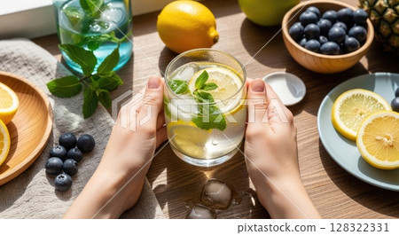 Detox Ritual with Lemon Water and Mint Detox Ritual with Lemon Water and Mint 128322331