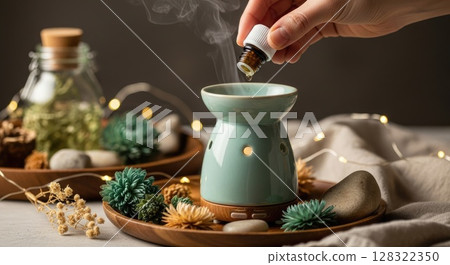 Hand Adding Essential Oil to Boho Diffuser Hand Adding Essential Oil to Boho Diffuser 128322350