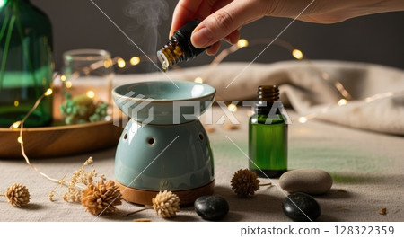 Hand Adding Essential Oil to Boho Diffuser 128322359
