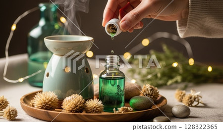 Hand Adding Essential Oil to Boho Diffuser 128322365