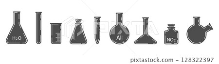Equipment for chemical lab.Glass chemic flasks.Vector, illustration. 128322397