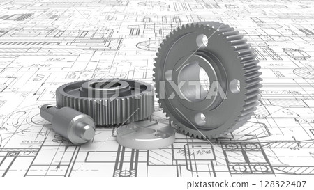 Technical, engineering concept.Gears.Machine technology.3d illustration. 128322407