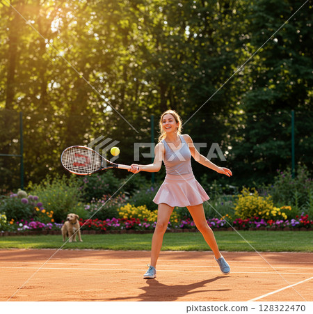 Dynamic moment of a woman hitting the ball on the tennis court Dynamic moment of a woman hitting the ball on the tennis court 128322470