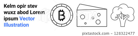 Bitcoin symbol in a coin, triangular Swiss cheese piece, and abstract tree. Ideal for finance, food industry, sustainability, minimalism, vector graphics, web design, and education materials. Landing 128322477