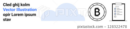 Cloud shape, Bitcoin icon, clipboard with checklist. Ideal for technology, finance, blockchain, task management, organization, security planning Landing page Cloud shape, Bitcoin icon, clipboard with checklist. Ideal for technology, finance, blockchain, task management, organization, security planning Landing page 128322478