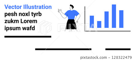 Cartoon male character pointing at a bar chart with four ascending blue bars. Ideal for business reports, data analysis, presentations, infographics, educational materials, marketing strategies Cartoon male character pointing at a bar chart with four ascending blue bars. Ideal for business reports, data analysis, presentations, infographics, educational materials, marketing strategies 128322479