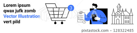 Shopping cart with notification, person holding checklist and tablet, historic church building. Ideal for e-commerce, task management, architecture, history, education, project planning. Landing page Shopping cart with notification, person holding checklist and tablet, historic church building. Ideal for e-commerce, task management, architecture, history, education, project planning. Landing page 128322485