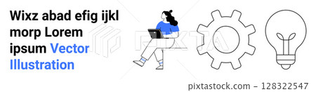 Woman using laptop, large gear, and light bulb. Ideal for business, technology, creativity, innovation, design, idea generation productivity Landing page 128322547