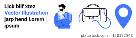 Thoughtful man with beard and blue sweater, leather briefcase with strap, blue location marker pin. Ideal for business strategy, planning, navigation apps, corporate identity, marketing materials 128322548