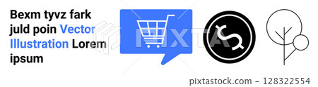 Shopping cart in blue chat bubble, currency symbol in black circle, minimalist line art of a tree. Ideal for e-commerce, finance, nature, business, communication, modern design, visual identity 128322554