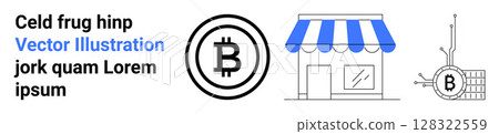 Bitcoin coin, storefront with blue awning, and circuit board with Bitcoin symbol. Ideal for cryptocurrency, fintech, e-commerce, blockchain, digital asset management, online retail, financial 128322559