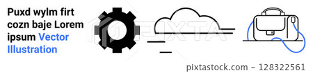 Black gear icon, minimalist black cloud outline, and modern bag illustration with blue strap. Ideal for tech, education, UIUX, websites, presentations, startups, marketing materials. Landing page 128322561