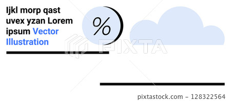 Text block with placeholder text, large percentage symbol inside circle, and blue cloud design. Ideal for financial data, weather updates, education, statistics, marketing, business insights 128322564