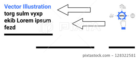 Arrows pointing to placeholder text, hand icon with gear and WMS label, and interconnected hub elements. Ideal for business, logistics, technology integration, workflow, data management, supply Arrows pointing to placeholder text, hand icon with gear and WMS label, and interconnected hub elements. Ideal for business, logistics, technology integration, workflow, data management, supply 128322581