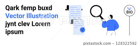 Documents with checkmarks, man holding magnifying glass, and BIO sign suggest business analysis, verification, and sustainability. Ideal for corporate presentations, reports, websites, educational 128322592