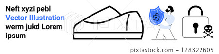 Sneaker line art, a woman holding a shield with lock, and a secure lock with skull and crossbones. Ideal for protection, security, lifestyle, footwear, health, minimalist designs. Landing page 128322605