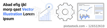 Bar graphs, target arrows, gear, line charts, and data analysis symbols. Ideal for business analytics, data visualization, tech presentations, performance tracking, strategic planning, optimization Bar graphs, target arrows, gear, line charts, and data analysis symbols. Ideal for business analytics, data visualization, tech presentations, performance tracking, strategic planning, optimization 128322610