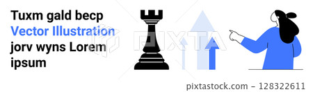 Chess rook symbolizing strategy, ascending arrows indicating growth, and person pointing for direction. Ideal for business plans, marketing strategies, financial growth, strategic planning Chess rook symbolizing strategy, ascending arrows indicating growth, and person pointing for direction. Ideal for business plans, marketing strategies, financial growth, strategic planning 128322611