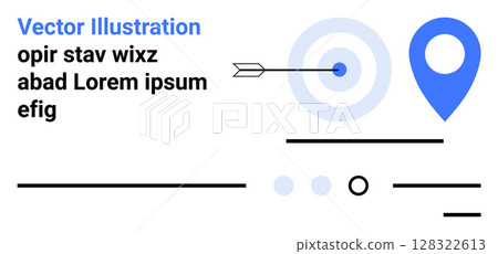 Bullseye target, arrow in center, blue location pin, black lines, and filler text in black. Ideal for navigation, goals, success, targeting, marketing, strategy, online content. Landing page 128322613