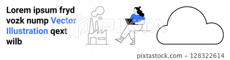 Worker with a laptop, factory with emissions, cloud shape, and digital text Ideal for tech, remote work, industry, environment, cloud computing, minimalist design, digital platforms. Landing page 128322614