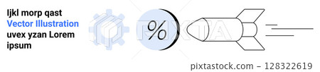 Rocket launching with gear and percentage icons alongside text. Ideal for technology, business growth, finance, startup concepts, innovation, productivity, and organization. Landing page 128322619