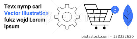 Shopping cart with notification, gear icon, and blue leaf. Ideal for e-commerce, online shopping, settings, notifications, eco-friendliness, environment, sustainability. Landing page 128322620