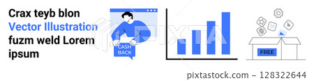 Man holding cash back sign, bar graph analytics, box labeled free with flying icons. Ideal for marketing, business growth, performance tracking, ecommerce, customer incentives, financial analysis 128322644