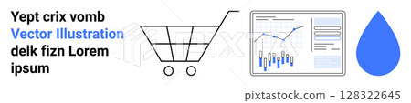 Shopping cart, analytics dashboard with graphs, and a blue water droplet. Ideal for e-commerce, data analysis, shopping trends, online business, statistics, market research, and web analytics 128322645