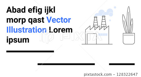 Factory with smoke stacks emitting blue smoke, potted plant, and placeholder text. Ideal for industrial, technology, environmental, editorial, websites, infographics, presentations. Landing page Factory with smoke stacks emitting blue smoke, potted plant, and placeholder text. Ideal for industrial, technology, environmental, editorial, websites, infographics, presentations. Landing page 128322647