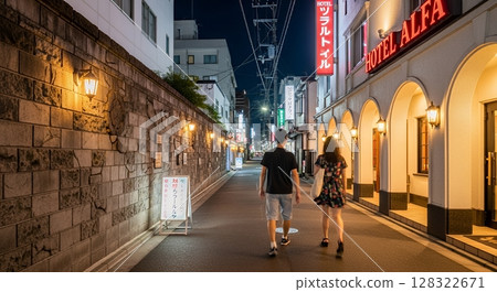 Back view of a man and woman walking through a love hotel district 128322671