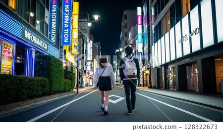 Back view of a man and woman walking through the city at night 128322673