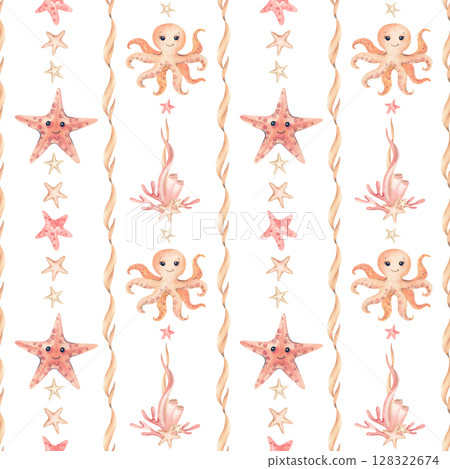 Starfish, octopus children's characters, stars, abstract seaweed lines seamless pattern. Watercolor illustration isolated on white background. Coral orange beige kids sea style wallpaper, packaging 128322674