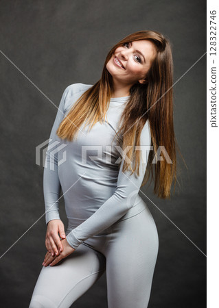 Woman wearing thermoactive underwear. Woman wearing thermoactive underwear. 128322746