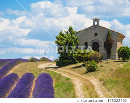 Lavender field and chapel at Entrevennes village, France Lavender field and chapel at Entrevennes village, France 128322862