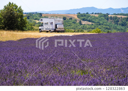 Caravan camping at lavender field, France Caravan camping at lavender field, France 128322863